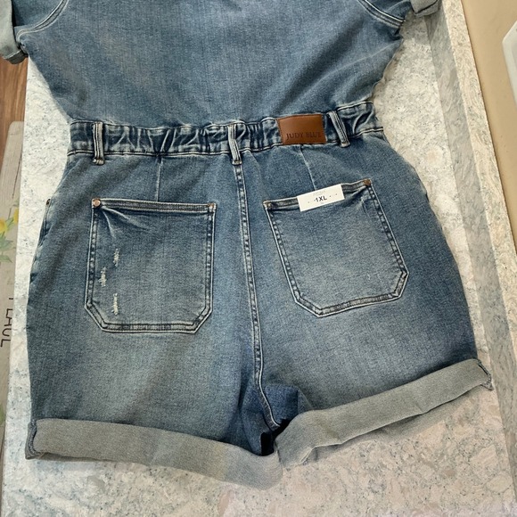 Judy Blue Denim Romper JB150244 MD 1XL Medium Blue Button Front Distressed Short - Picture 12 of 14